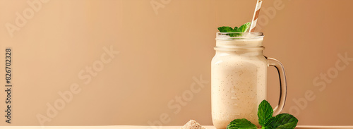 Sattu Flour Drink in Minimalist Composition, Beige Background with Sattu Flour Smoothie photo