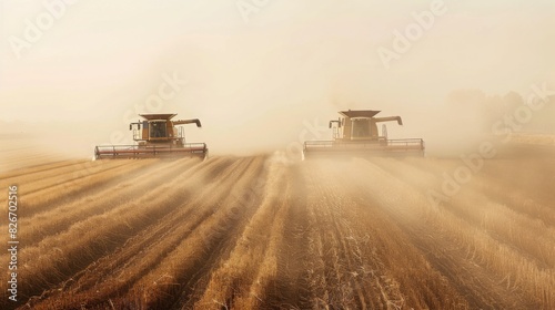 Two combine harvesters work side by side cutting wheat in a dusty, golden field as the sun sets in the background.