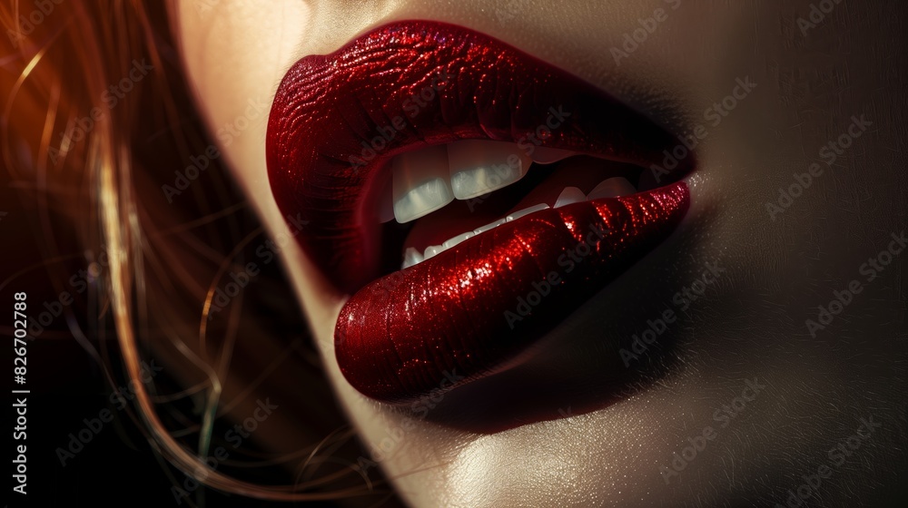 Obraz premium Photography, close-up of a woman's lips with vibrant red lipstick, glossy texture, and sensual expression.