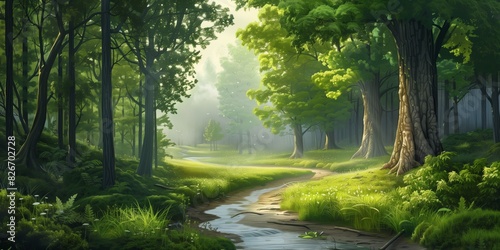 Nature  forest road in the morning  sunlight streaming through trees  serene landscape.