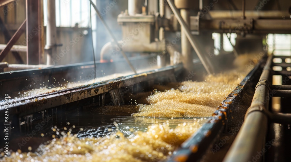 Conveyor belts and machinery involved in sugar processing are visible in a large factory setting with steam rising. Conveyor belts and machinery involved in sugar processing are visible in a large factory setting with steam rising.