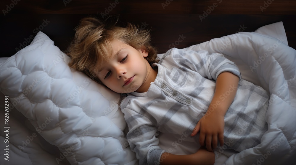 A little boy is sleeping on his side, lying in a cozy bed.