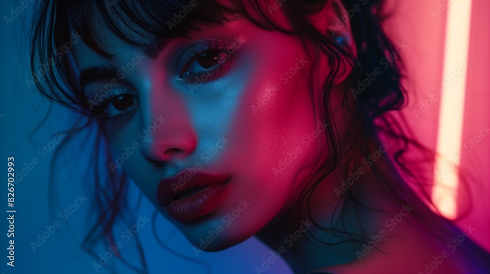 Portrait, beautiful woman with long hair, blue and red lighting, captivating look. Portrait, beautiful woman with long hair, blue and red lighting, captivating look.