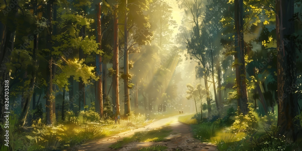 Fototapeta premium Nature, forest road in the morning, sunlight streaming through trees, serene landscape.