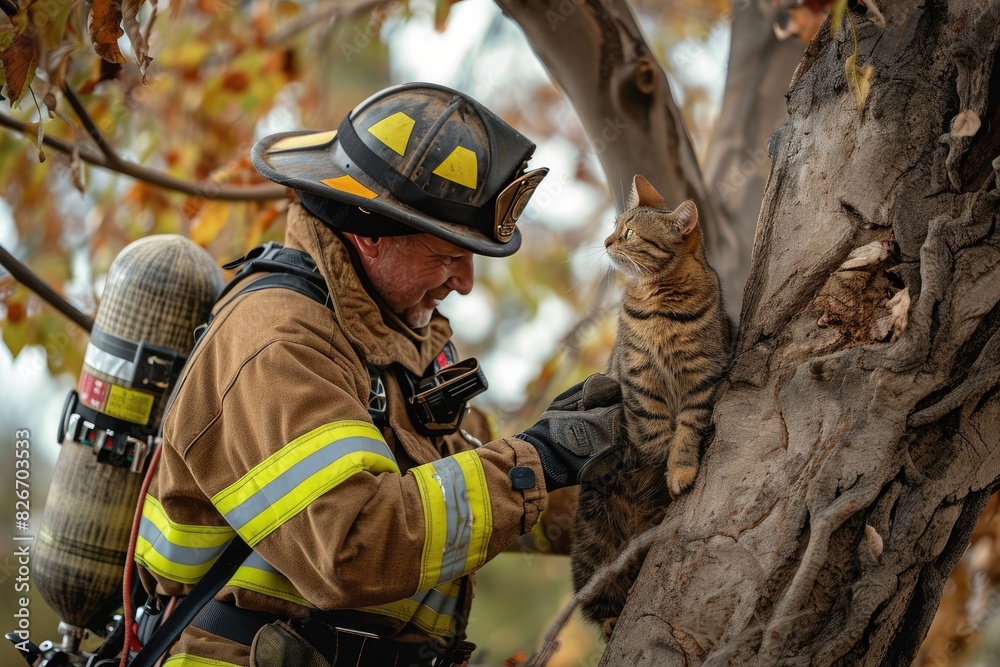 a fireman holding a cat up to a tree, A firefighter is lifting a cat to safety, up a tree. a fireman holding a cat up to a tree, A firefighter is lifting a cat to safety, up a tree.