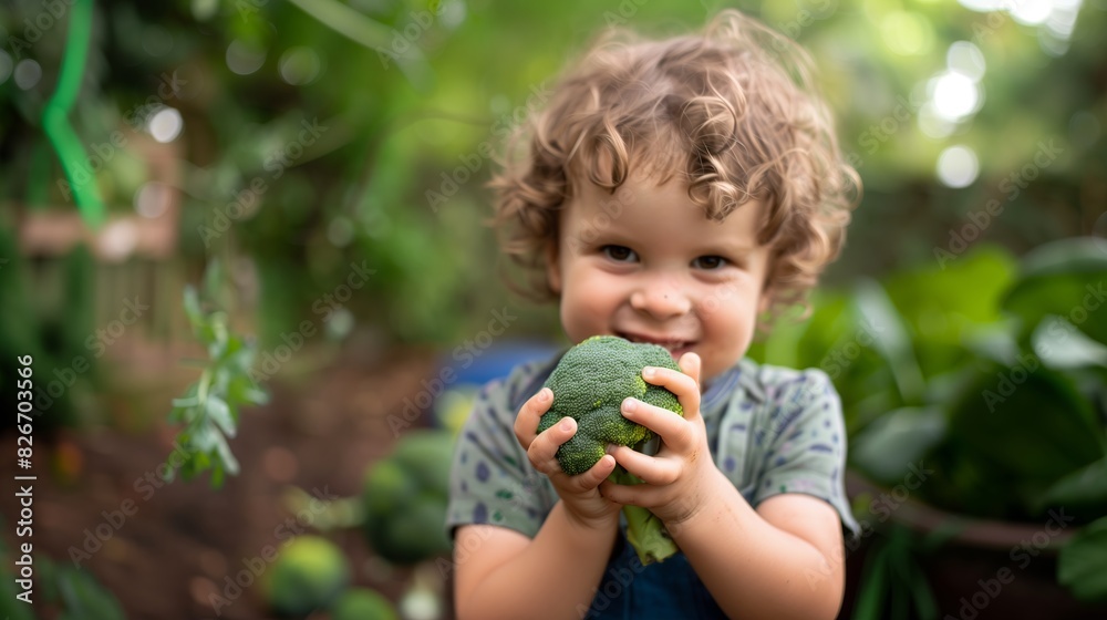 Enthusiastic toddler showing a broccoli floret to the camera in a garden Enthusiastic toddler showing a broccoli floret to the camera in a garden