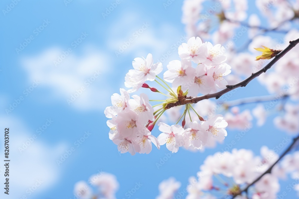Delicate Cherry Blossoms Blooming Against A Bright Blue Spring Sky. Generative AI