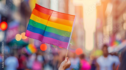 The rainbow flag, LGBT pride parade, colorful banners, vibrant colors, urban street setting, blurred crowd in background, human hand holding flag, celebration of diversity and equalit photo