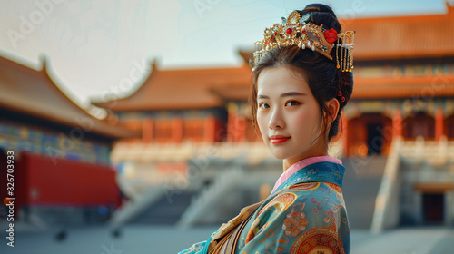 Beautiful chinese woman in traditional dress at temple. Young woman in ornate traditional Chinese clothing and headdress poses for a portrait at an historic temple.