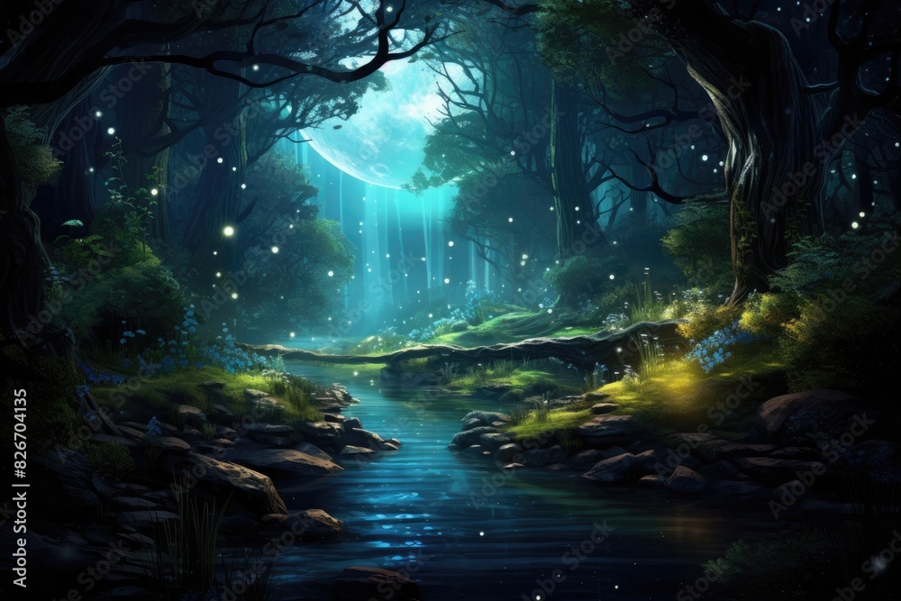 a dark forest with a full moon in the background, An ominous forest with the glowing light of a full moon in the distance. a dark forest with a full moon in the background, An ominous forest with the glowing light of a full moon in the distance.