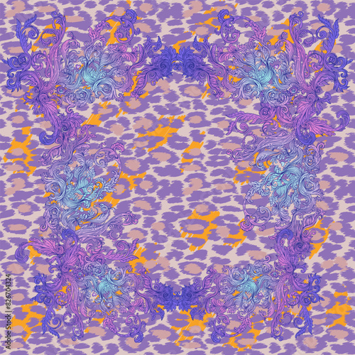 Baroque neon colored seamless pattern over leopard or cheetah skin titled bac...