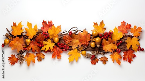 a wreath made of leaves  berries and pine cones  An ornament composed of foliage  berries  and pine cones.