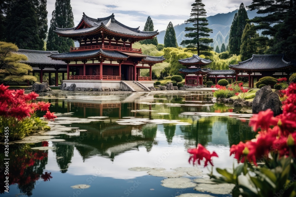 a pond with a pagoda in the background, In the background stands a pagoda beside a serene pond. a pond with a pagoda in the background, In the background stands a pagoda beside a serene pond.