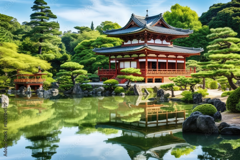 a pond with a pagoda in the background, In the background stands a pagoda beside a serene pond. a pond with a pagoda in the background, In the background stands a pagoda beside a serene pond.