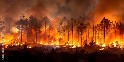 Pine forest engulfed by destructive wildfire during dry season  raising global concerns. Concept Wildfire Destruction  Pine Forest  Dry Season Risk  Global Concerns  Environmental Impact