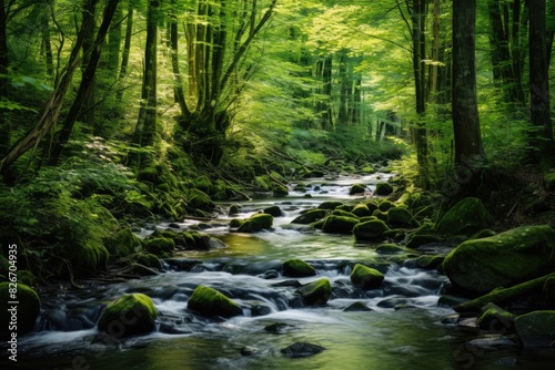 a stream running through a lush green forest  The verdant forest is traversed by a gentle stream.