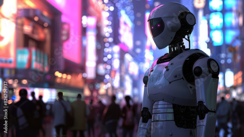 Humanoid robot stands in a vibrant, neon-lit cityscape, representing cutting-edge technology