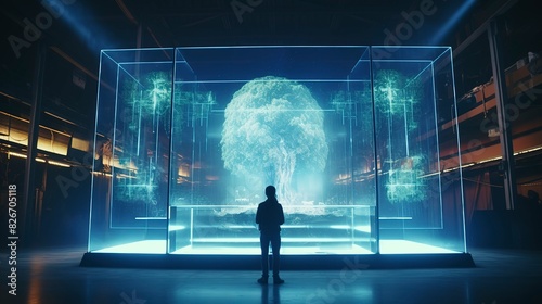 A photo of a 3D holographic projection in a tech environment