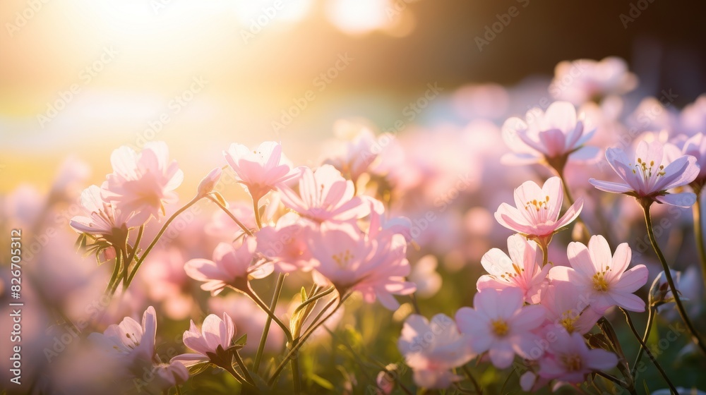 Tranquil Sunset Over A Field Of Delicate Pink Spring Blossoms. Generative AI