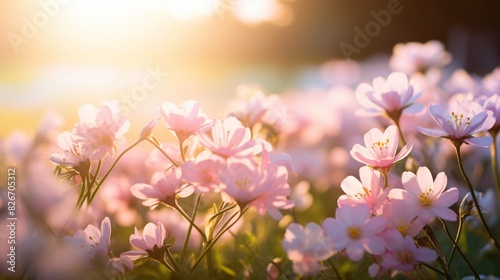 Tranquil Sunset Over A Field Of Delicate Pink Spring Blossoms. Generative AI © Svetlana