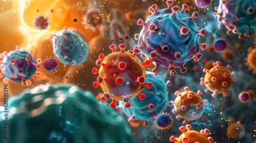 virus bacteria cells and hiv abstract medical science illustration 3d render photo