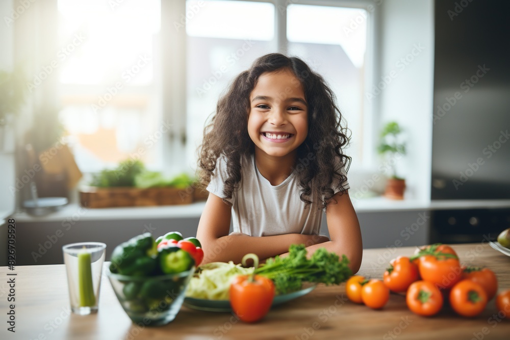 a little girl sitting at a table with a plate of food, A young girl is seated at a table, accompanied by a plate of food. a little girl sitting at a table with a plate of food, A young girl is seated at a table, accompanied by a plate of food.