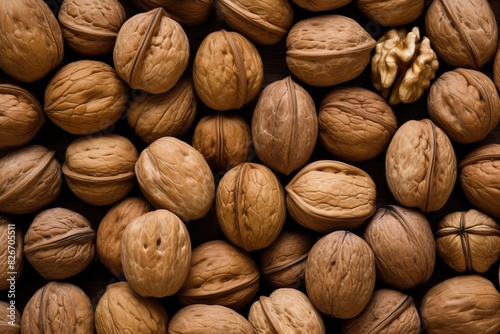 a pile of walnuts with a blue background, A collection of walnuts set against a blue backdrop.