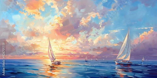 Serene seascape oil painting of sailboats silhouetted against fiery sunset, pink sky