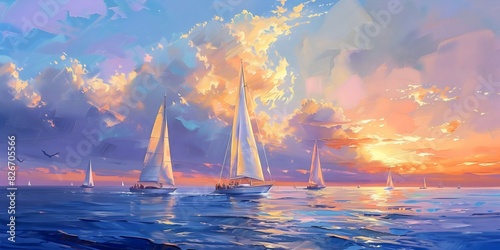 Serene seascape oil painting of sailboats silhouetted against fiery sunset, pink sky