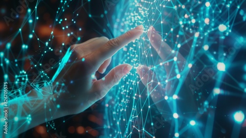 Close-up of a hand touching a digital hologram interface displaying interconnected data points, representing artificial intelligence and network connectivity in data analysis and technology