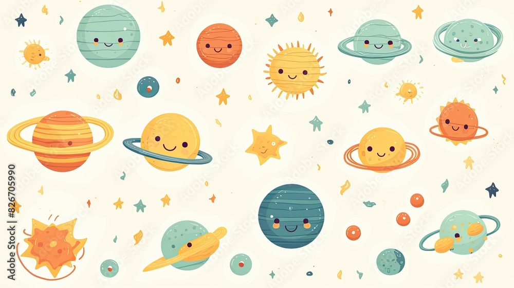 a group of cartoon planets with faces, A decorative wall adorned with an intricate design of crisscrossing lines.