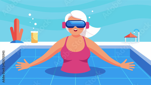 An elderly woman using a virtual reality headset to swim laps and practice water aerobics in a virtual pool.. Vector illustration
