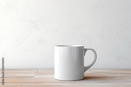 a white coffee cup sitting on top of a wooden table, A white coffee cup rests atop a wooden table.