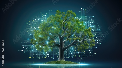 a tree with a circuit board in the background, An image of a tree with a circuit board in the background is displayed.