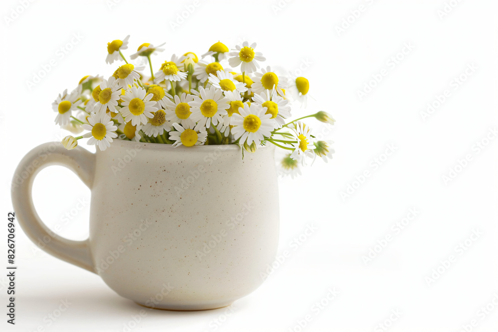 Bunch of delicate chamomile flowers displayed in a simplistic ceramic mug against a bright white background, suggesting purity and tranquility