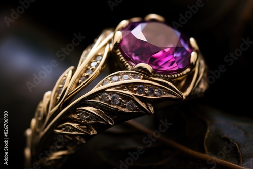 a purple stone surrounded by diamonds on a leaf  An amethyst gemstone adorned with diamond accents resting on a delicate leaf.