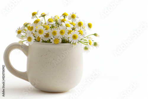 Bunch of delicate chamomile flowers displayed in a simplistic ceramic mug against a bright white background, suggesting purity and tranquility