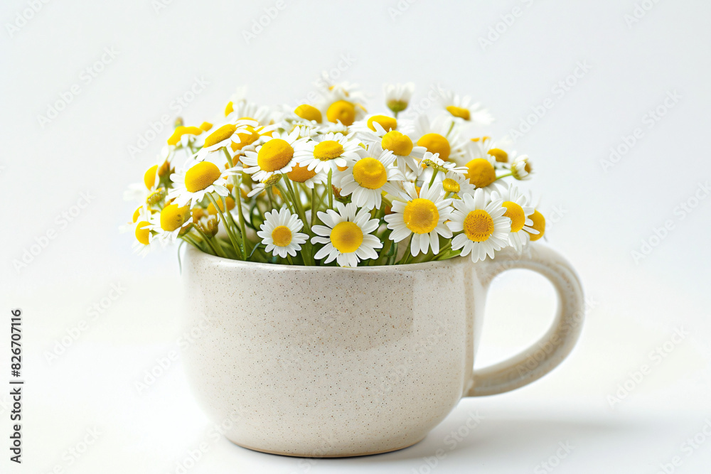 Serene arrangement of white and yellow daisies presented in a beige ceramic mug on a clean white background