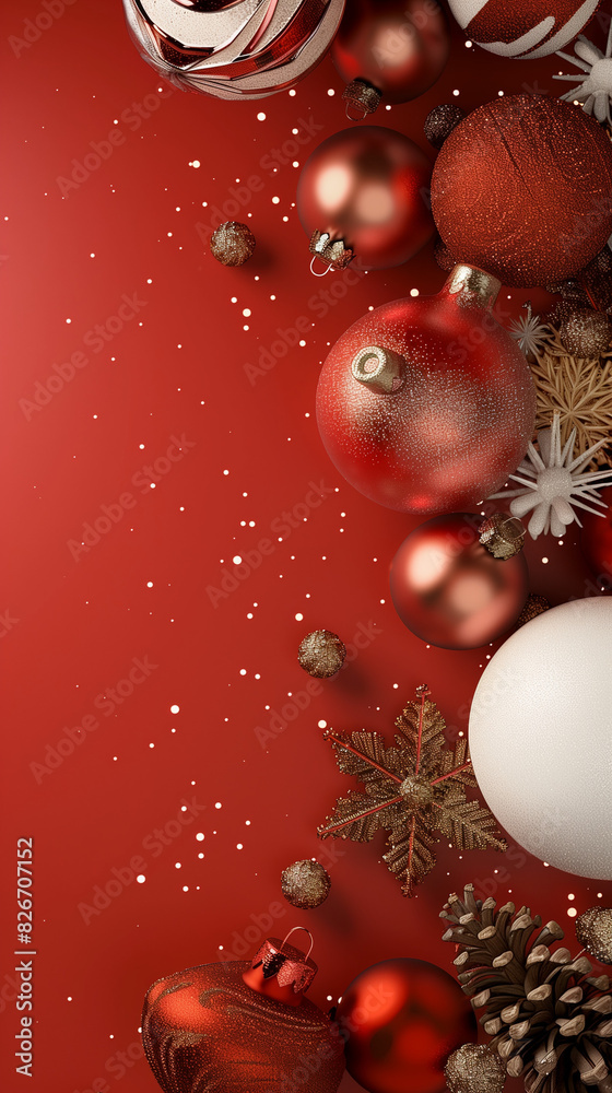christmas decoration on red background, simbolizes christmas atmosphere, decoration concept, created with generative AI technology christmas decoration on red background, simbolizes christmas atmosphere, decoration concept, created with generative AI technology