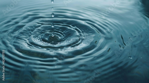 Close-up photo of a water droplet creating ripples on a serene water surface