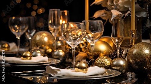 a table set for a holiday dinner with candles and ornaments, The dining table adorned with candles and festive decorations, prepared for a holiday dinner.