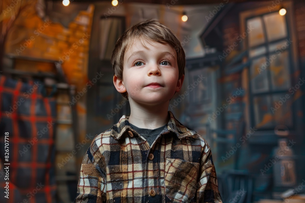 Portrait of an adorable child with a look of curiosity in a rustic indoor setting Portrait of an adorable child with a look of curiosity in a rustic indoor setting