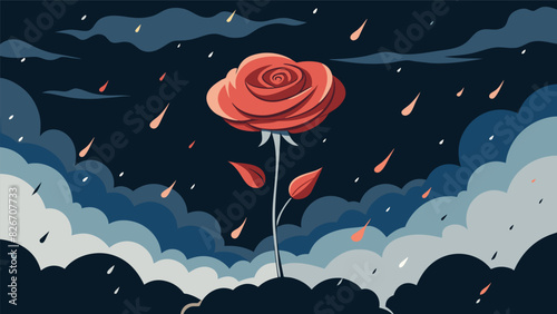 A stormy sky dominates the background while a delicate rose is depicted in the foreground its petals tered across the canvas accompanied by verses of. Vector illustration