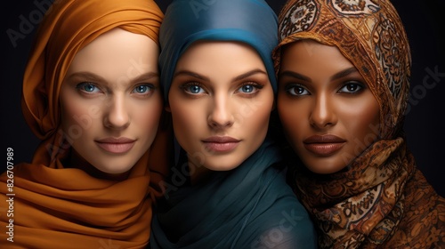 three women wearing colorful headscarves and scarves, Three women adorned in vibrant headscarves and scarves.