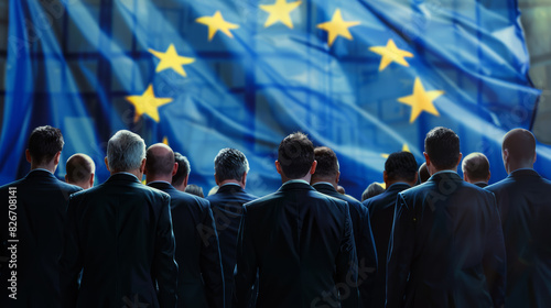 European Union politics concept image with back view of formal unrecognizable politicians at EU parliament in front of the European Union flag.