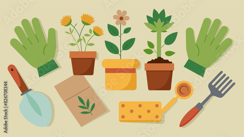 A pair of gardening gloves and a trowel resting on a table surrounded by various herbal seed packets and a sign reading Herbal Gardening Class.. Vector illustration