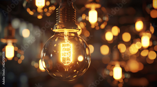 Glowing edison bulb with blurred lights background