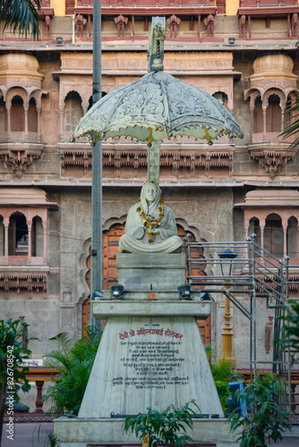 Statue of AhilyaBai Holkar on the entrance of Rajwada, Indore, Madhya Pradesh. Indian Architecture. Ancient Architecture of Indian temple. Holkar Architecture. photo