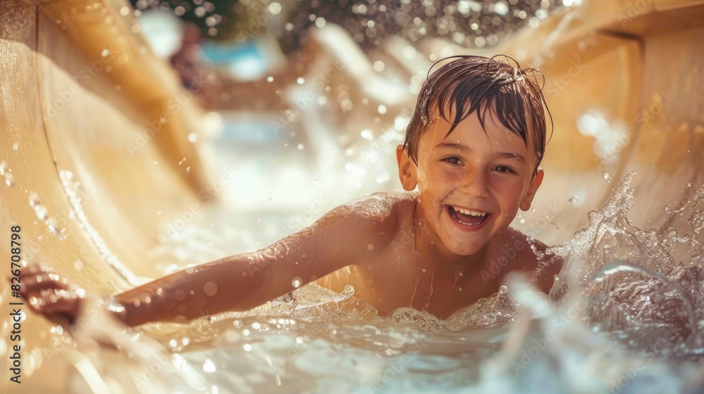 Obraz premium A young boy is playing in a pool, smiling and splashing water