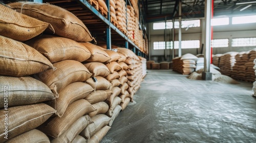 Many sacks of rice with goods in big warehouse for distribution to customer, import export logistics business.